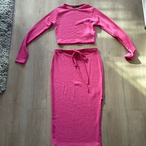 Pink, ribbed crop top/midi skirt two-piece set
